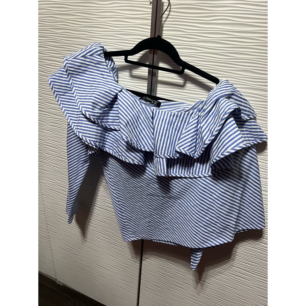 Stripped off the shoulder ruffle top
